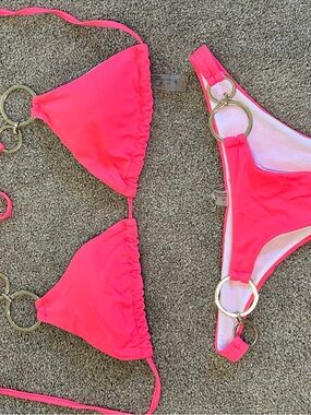 SHEIN Neon Hot Pink Ring Detail Triangle Bikini